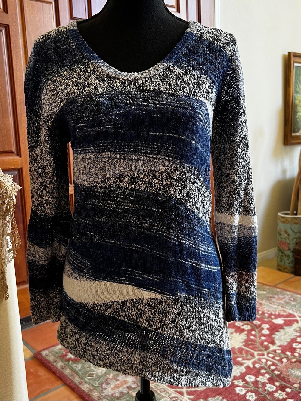NIC + ZOE Blue Gray Patterned Scoop Neck Sweater Asymmetrical Hem Size M